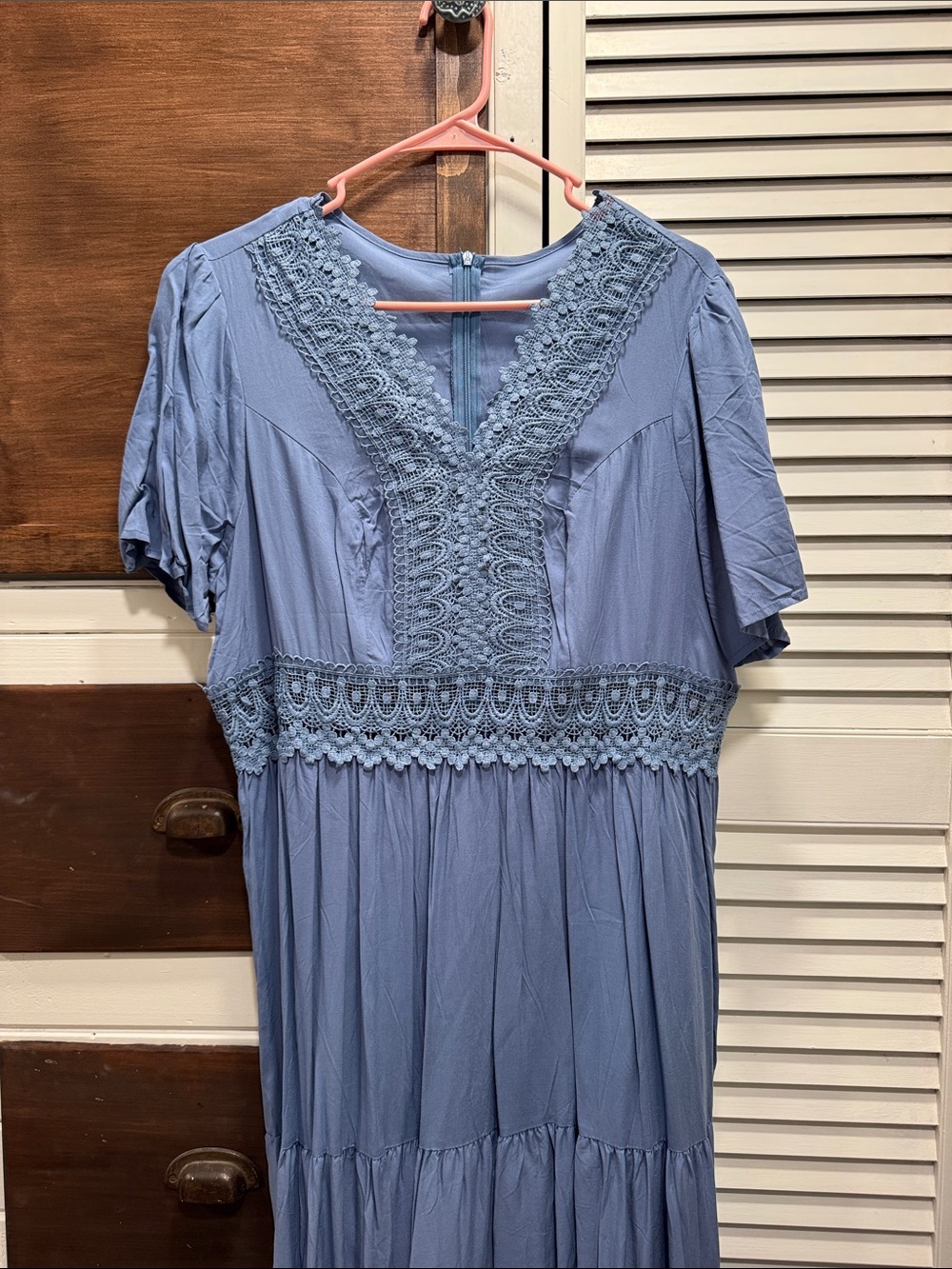 SHEIN Dusty Blue Crochet Lace V-Neck Maxi Dress